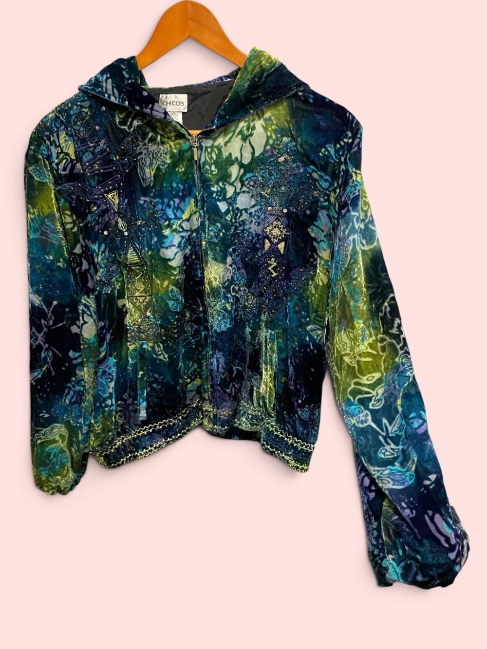 Cute Y2K chico’s fairy velvet burnout silk blend zip jacket hood pockets mermaid